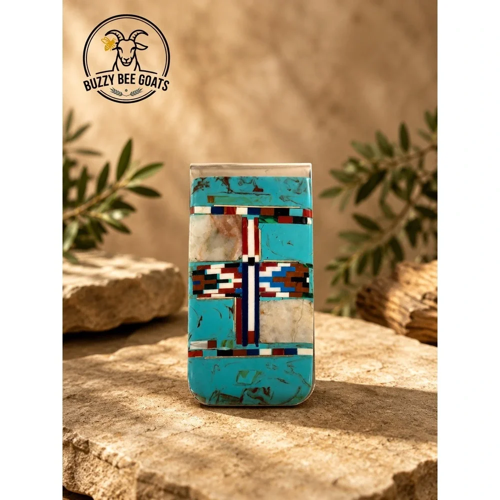 STERLING SILVER TURQUOISE MONEY CLIP NATIVE AMERICAN MULTI STONE INLAY